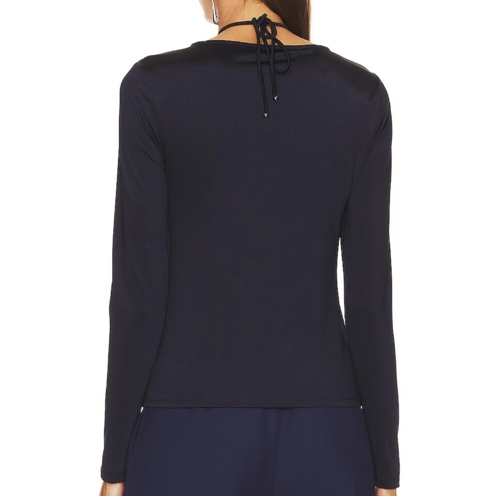 Veronica Beard Rogue Top Halter Neck Tie Ruched Detail Long Sleeve Navy 12 NWT - Picture 7 of 13